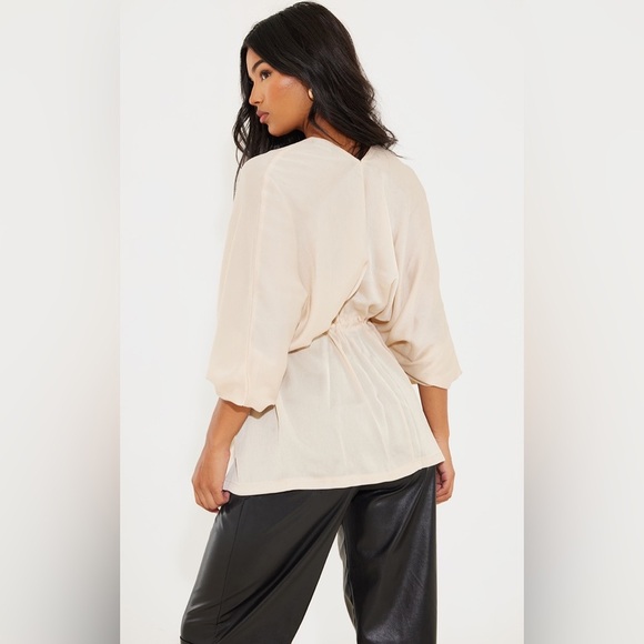 PLT Cream Textured Woven Plunge Tie Waist Blouse - Picture 4 of 4